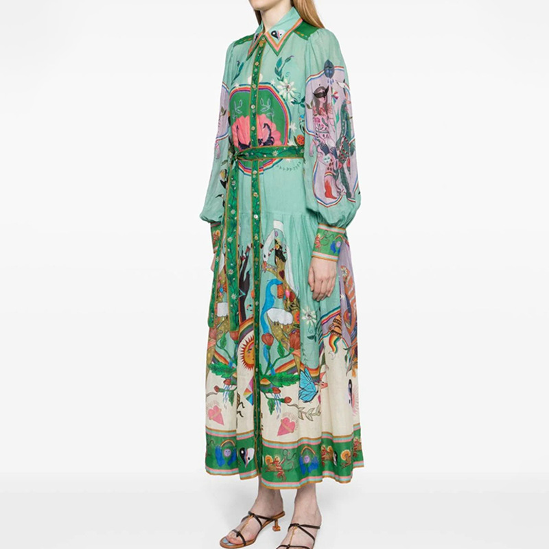 Women's Dress With Personalized Graffiti Lantern Sleeves, Printed Lapel, Cinched Waist And Large Swing_ecoleips.com