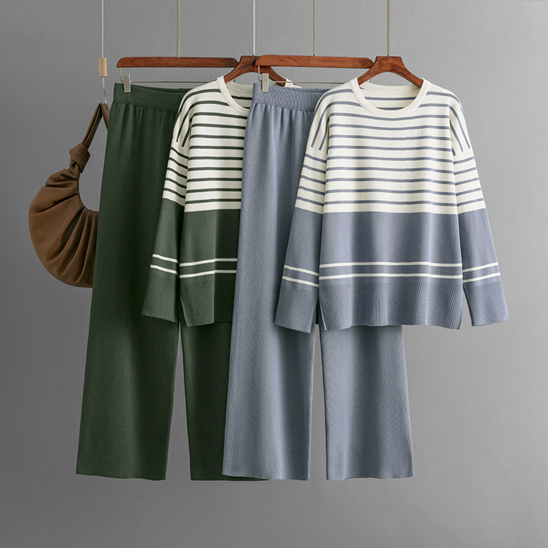 546g Weight Long Sleeve Sleeve Length Adhesive Fiber, knit Fabric Type Pant Co-ord Set Sets Type 2 Pieces Set Quantity Holiday, Daily Occasion Round Neck Neckline Loose Fit Type Stripe Pattern Winter, Autumn Season Women's Gender Casual, Simple Style Style Holiday Daily Women's Casual Simple Style Stripe Adhesive Fiber Knit Pant Co-ord Set Pants Sets 2
