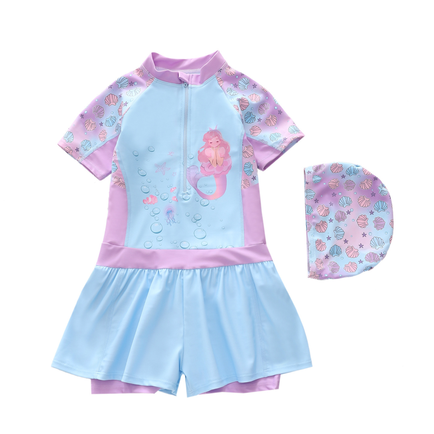 Traje de Baño Deportivo de Una Pieza de Manga Corta para Niñas de Poliéster Alta Elasticidad para Natación