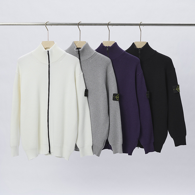 Cross-Border Correct Version of Stone Stone Four Island Autumn and Winter Zipper Knitted Cardigan for Men Pure Color Turtleneck Sweater for Women