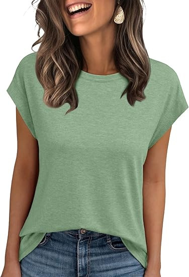 Amazon 2025 ヨーロッパとアメリカの女性のベスト夏クロスボーダーラウンドネック半袖 Tシャツ無地ラウンドネックカバースリーブ外国貿易女性|undefined