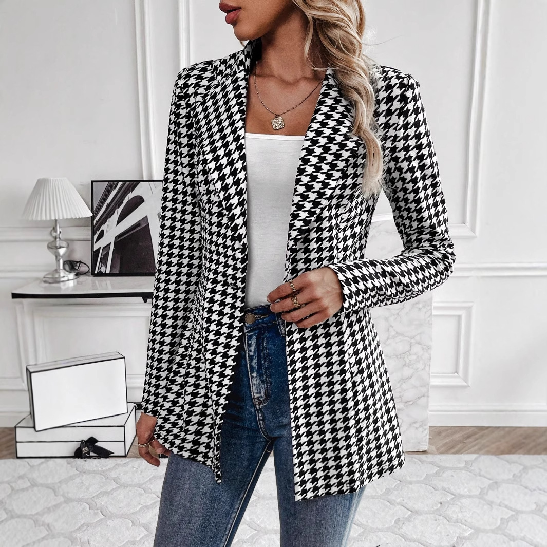 Elegant Houndstooth Slim Fit Blazer For Women Workplace Style_voghion.com