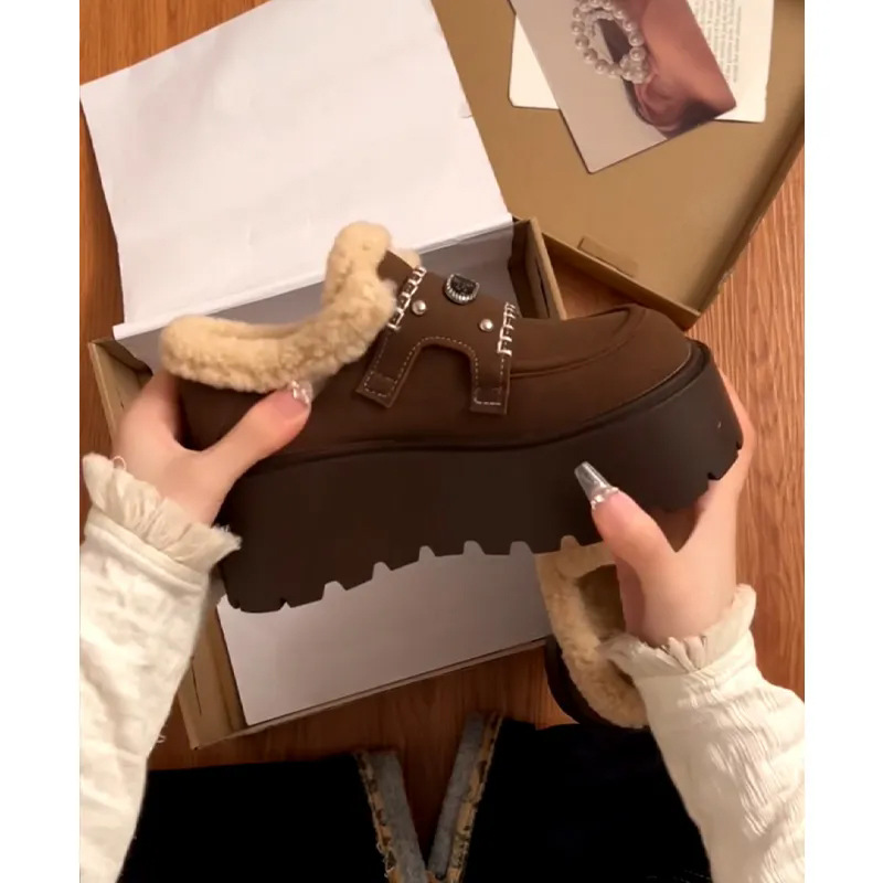 爆款冬季勃肯鞋增高厚底乐福鞋2025新款加绒保暖一脚蹬雪地靴女