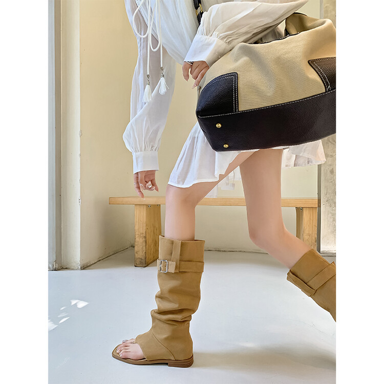 Boot nữ cổ cao ôm bắp chân da thật phong cách miền Tây — mơ, nâu chi tiết 43