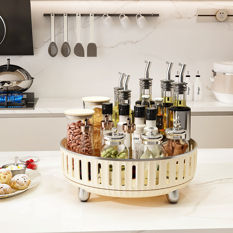 New Multifunctional Kitchen Storage Rack, Light Luxury Cream Style Home Skincare and Cosmetic Rotating Storage Disc
