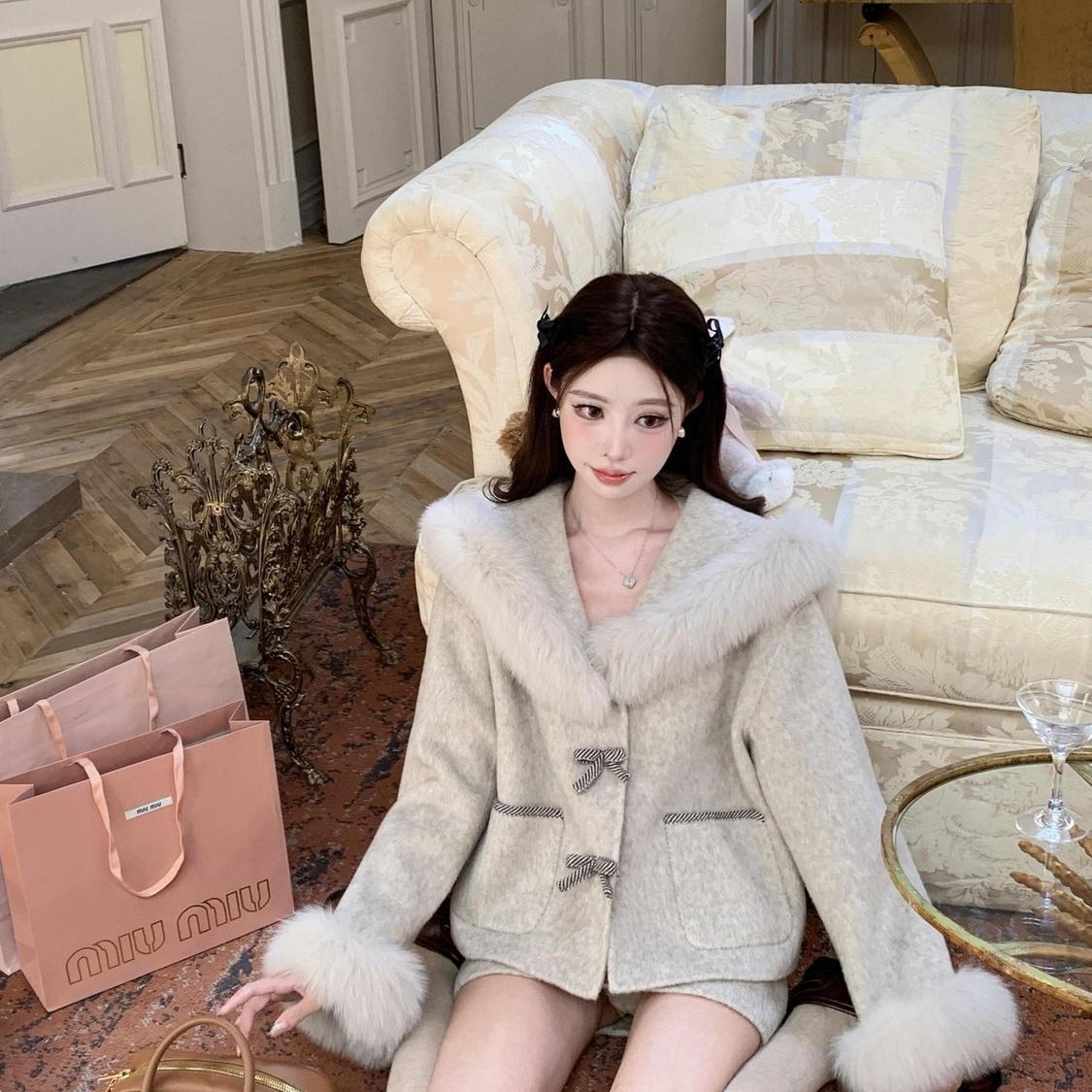 时尚套装秋季新款名媛千金气质蝴蝶结毛呢外套灰色半身裙两件套女