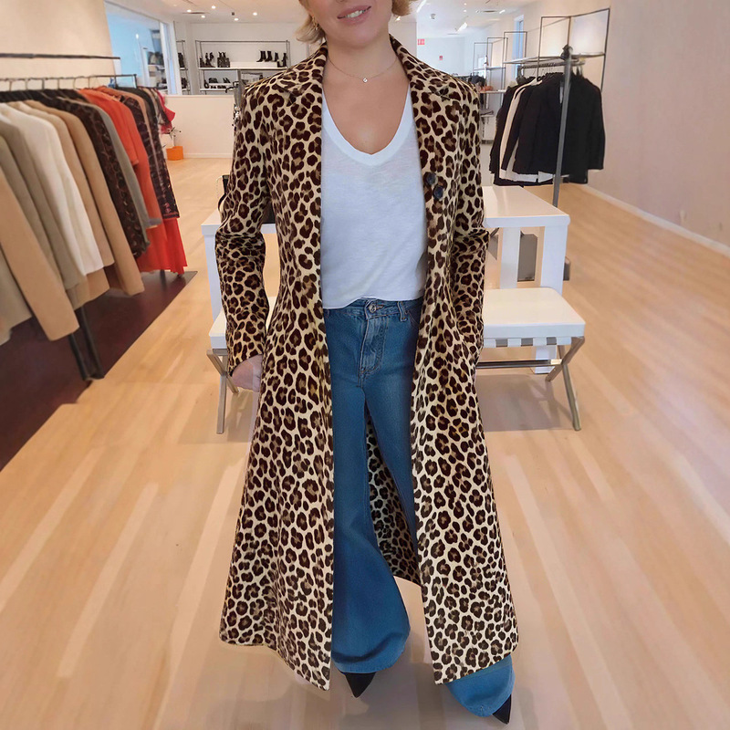 2025 New Autumn and Winter Export Women's Outwears Cross-Border Hot Selling Lapel Leopard Print Casual Windbreaker Commuter Women's Clothing