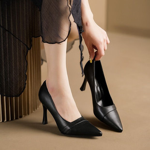 Work Shoes Women's Black Spring and Autumn Four Seasons Single Shoes Middle Heel Thin Heel Work Shoes Hotel Career Interview High Heels Women's Shoes