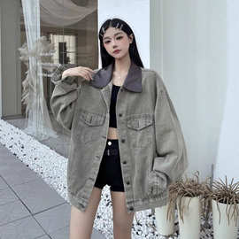 美式复古牛仔外套女秋季2025新款高级感polo领宽松BF风长袖上衣潮