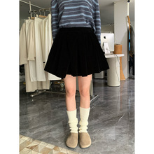 SROOM十三行黑色金丝绒半身裙女秋冬加厚高腰百褶裙遮胯a字短裙女