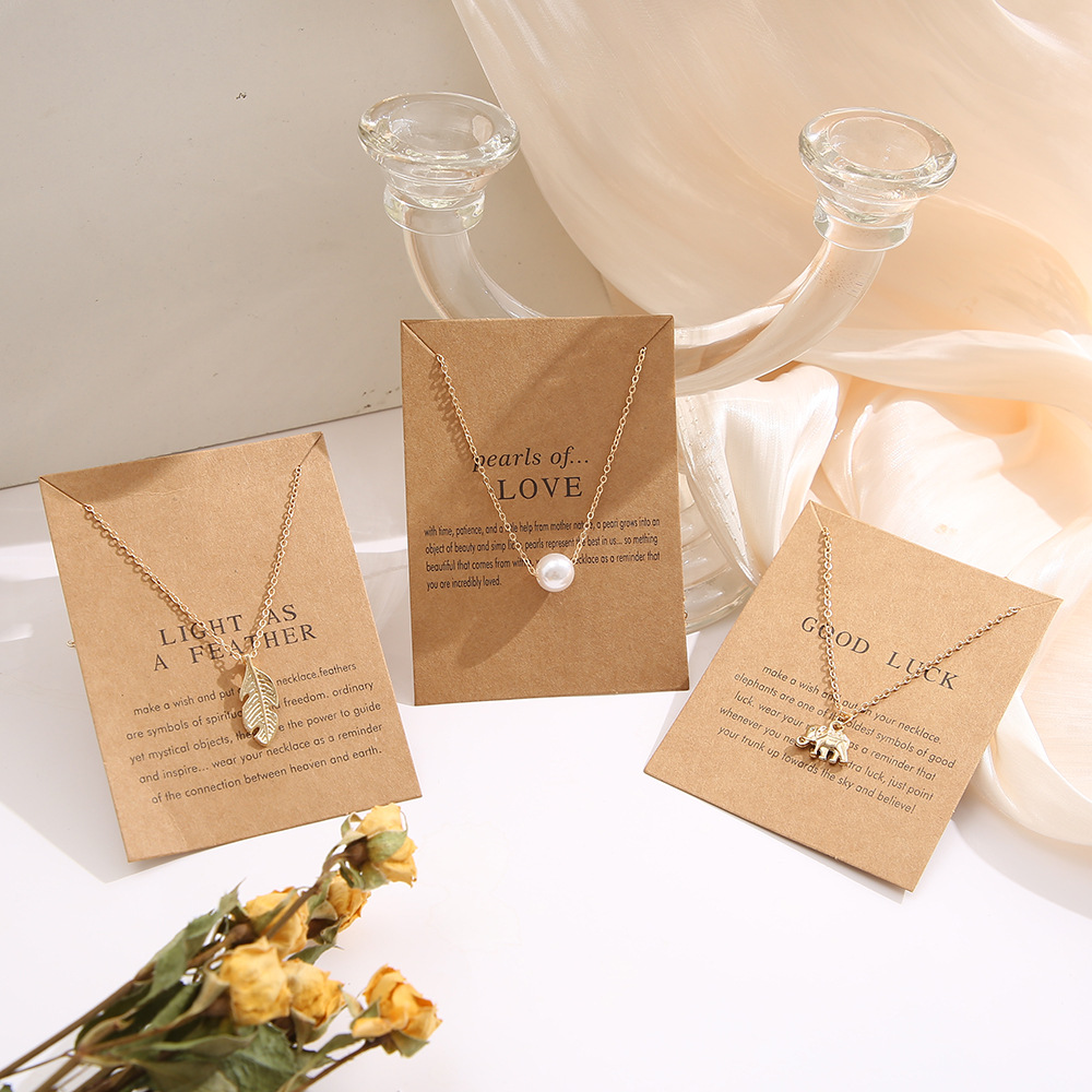 creative pearl feather retro letter paper card butterfly elephant cat necklace wholesale