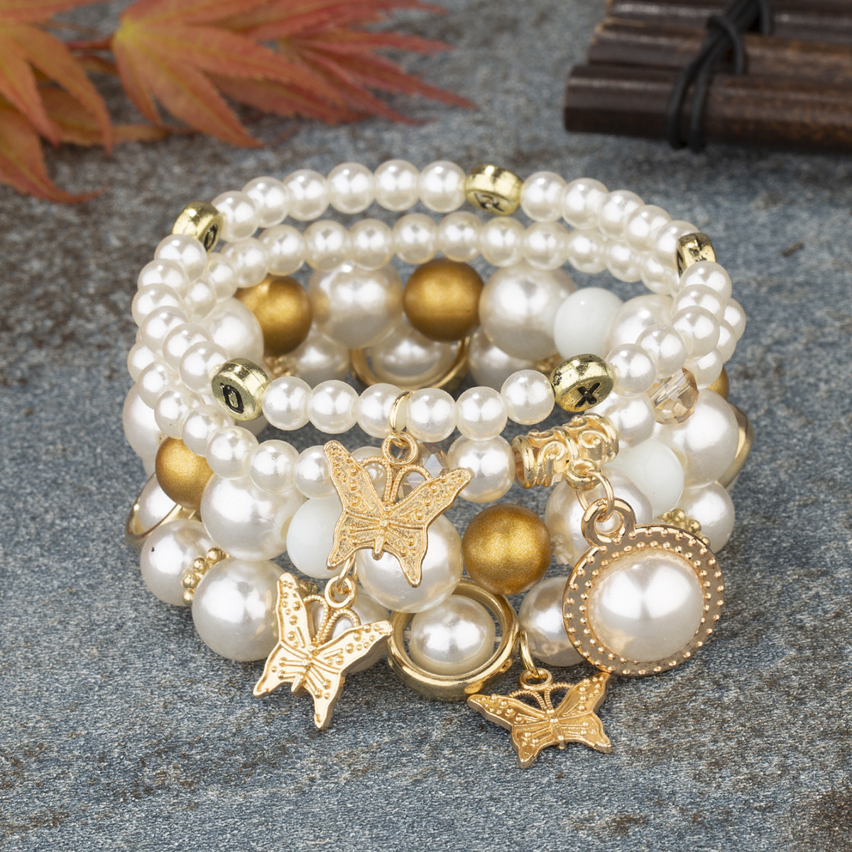European and American Hot-Selling Pearl Butterfly Multi-Layer Bracelet Set Combination for Women, Cross-Border Fashion New Handmade Pearl Bracelet