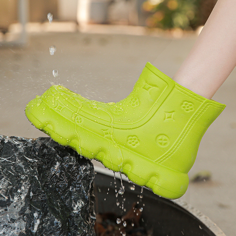 Cizme de ploaie pentru femei, model ploios, cu fund gros, antiderapant, tip booster, butuc scurt, impermeabile și rezistente la uzură_voghion.com