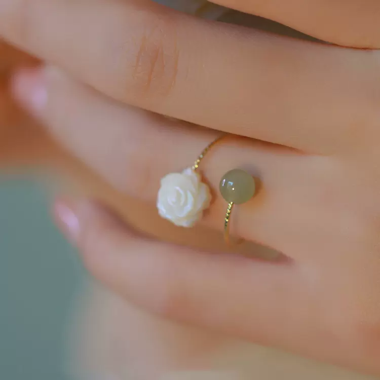 和田玉青稞车花转运珠戒指女小众设计感轻奢中式复古开口饰品批发