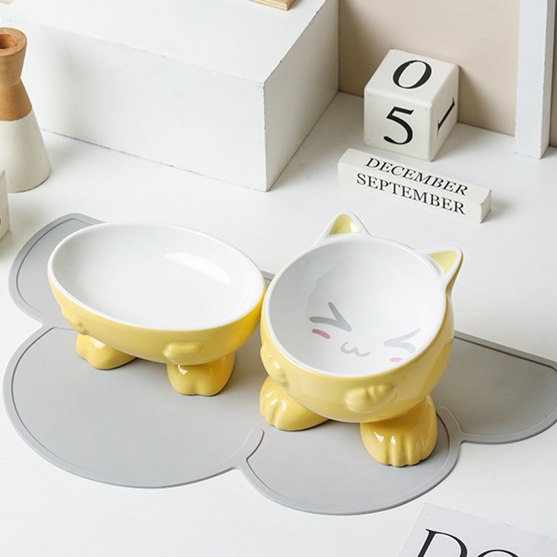 노란색 고양이 귀 그릇 + 노란색 타원형 그릇-미끄럼 방지 매트