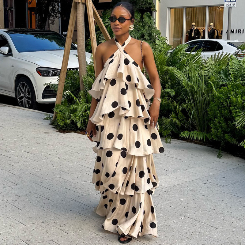 European and American Cross-Border Women's Clothing 2025 Autumn New Polka Dot Halter Neck Backless Layered Cake Dress French Party Dress