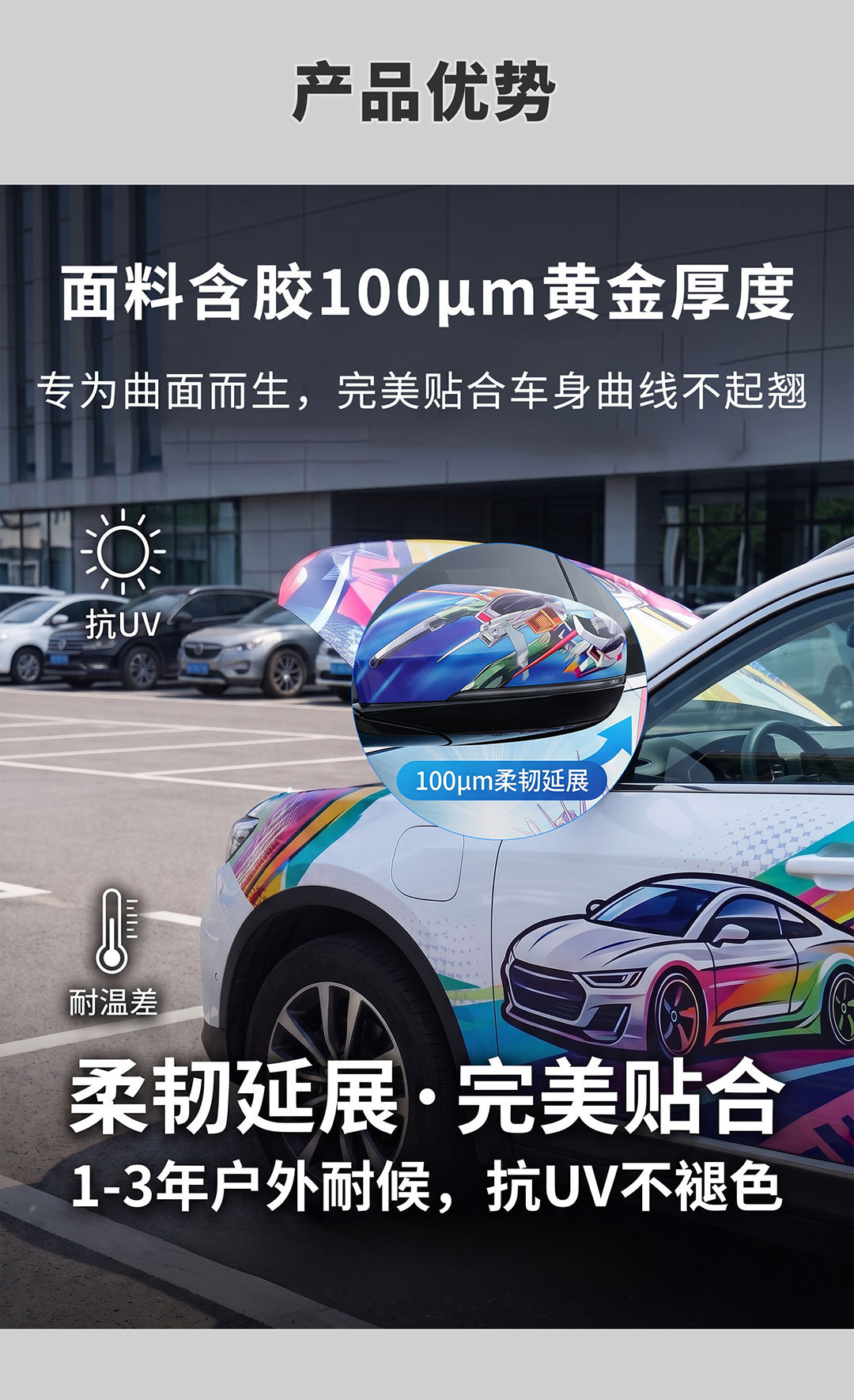 High-polymer PVC painted white film with air release channels, easy to peel off without leaving any adhesive residue, suitable for car body stickers