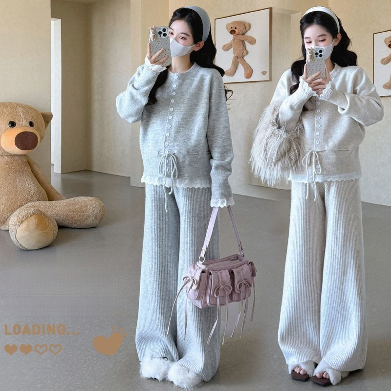 Autumn maternity set 2026: lace patchwork, tie-dye design, knitted top without belly support, wide-leg pants two-piece set