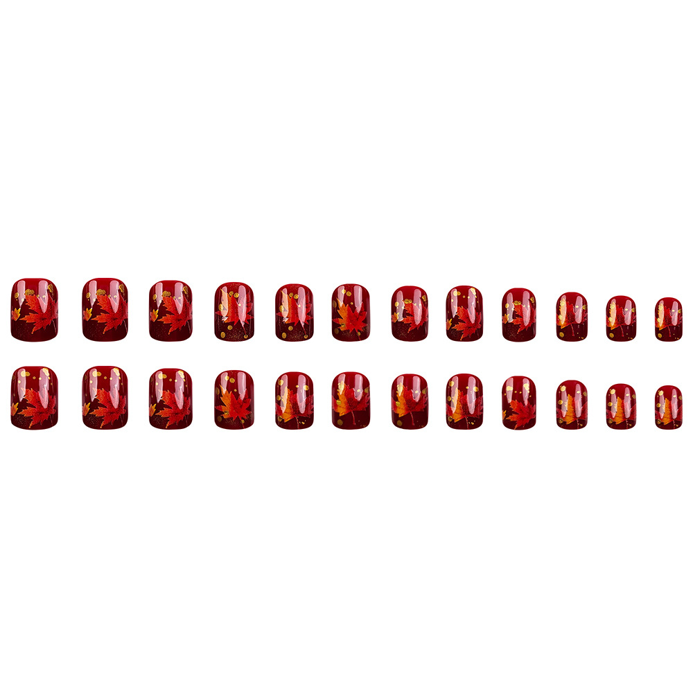 Comercio extranjero venta más alta de hojas de arce rojo oscuro vestir uñas de estilo europeo y americano brillante cara uña falsa 24 piezas de manicure de otoño y invierno image 6