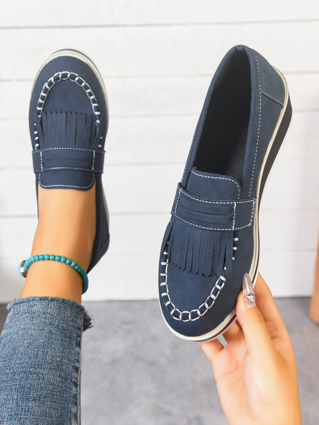 Damen-Slipper mit niedrigem Schaft, Quasten, britischem Stil, dicker Sohle, Keilabsatz und Federung_voghion.com