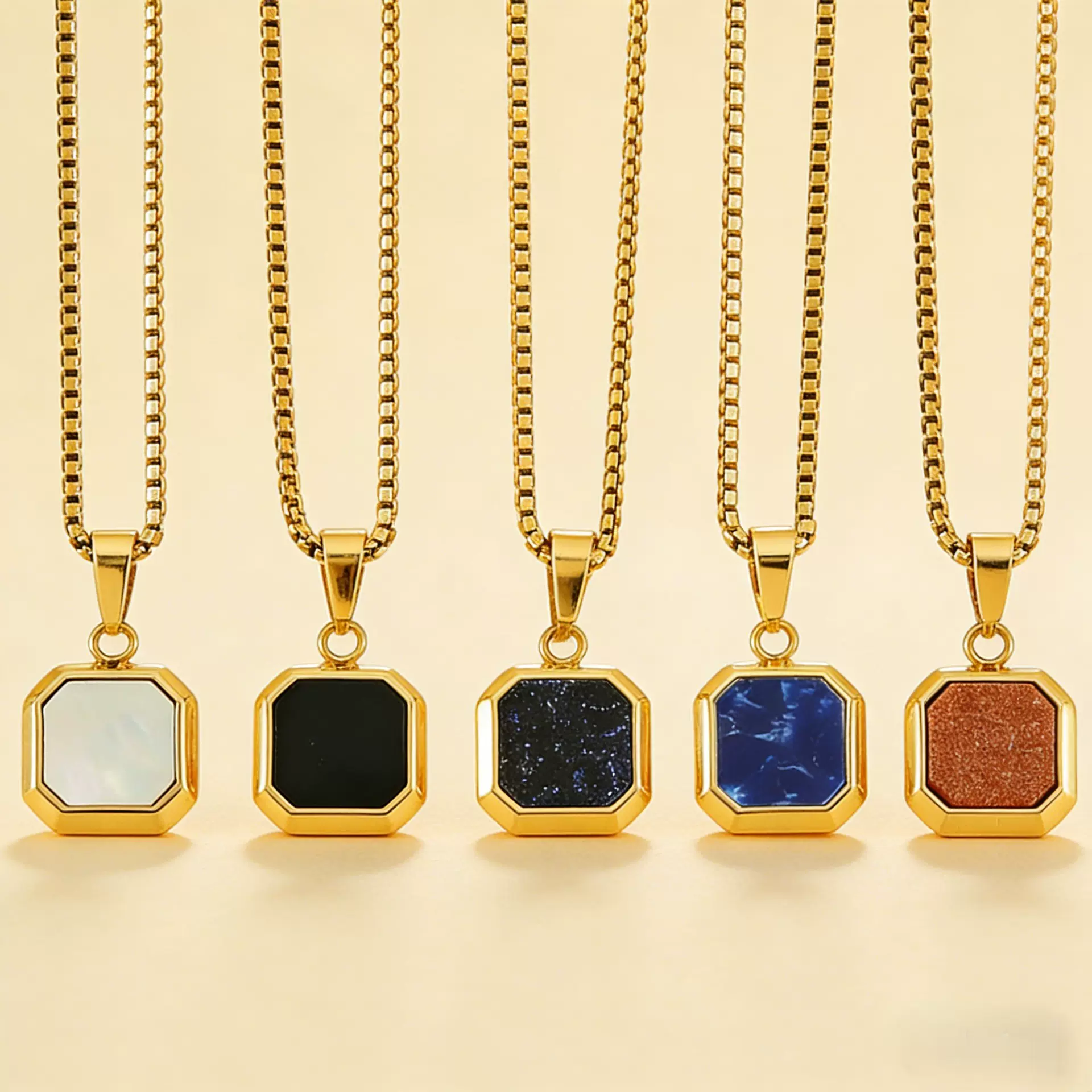 跨境热销钛钢嘻哈蓝松石吊坠男女款几何欧美时尚不掉色项链饰品