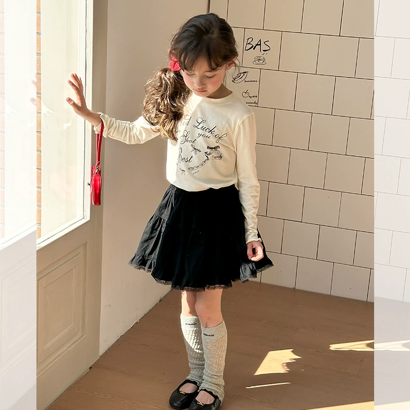 Детская футболка с круглым воротом, кружевная подолевая отделка, корейский милый весенний стиль, размеры 90–170 см