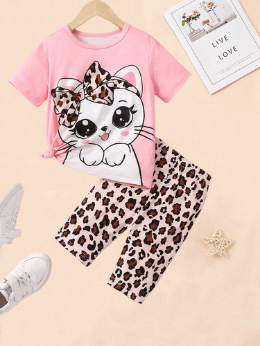 Women's Summer Outfit 2024 New Arrival Children's Stylish Outfits Baby Cartoon Print Short-Sleeve Shorts Set of Two Trendy