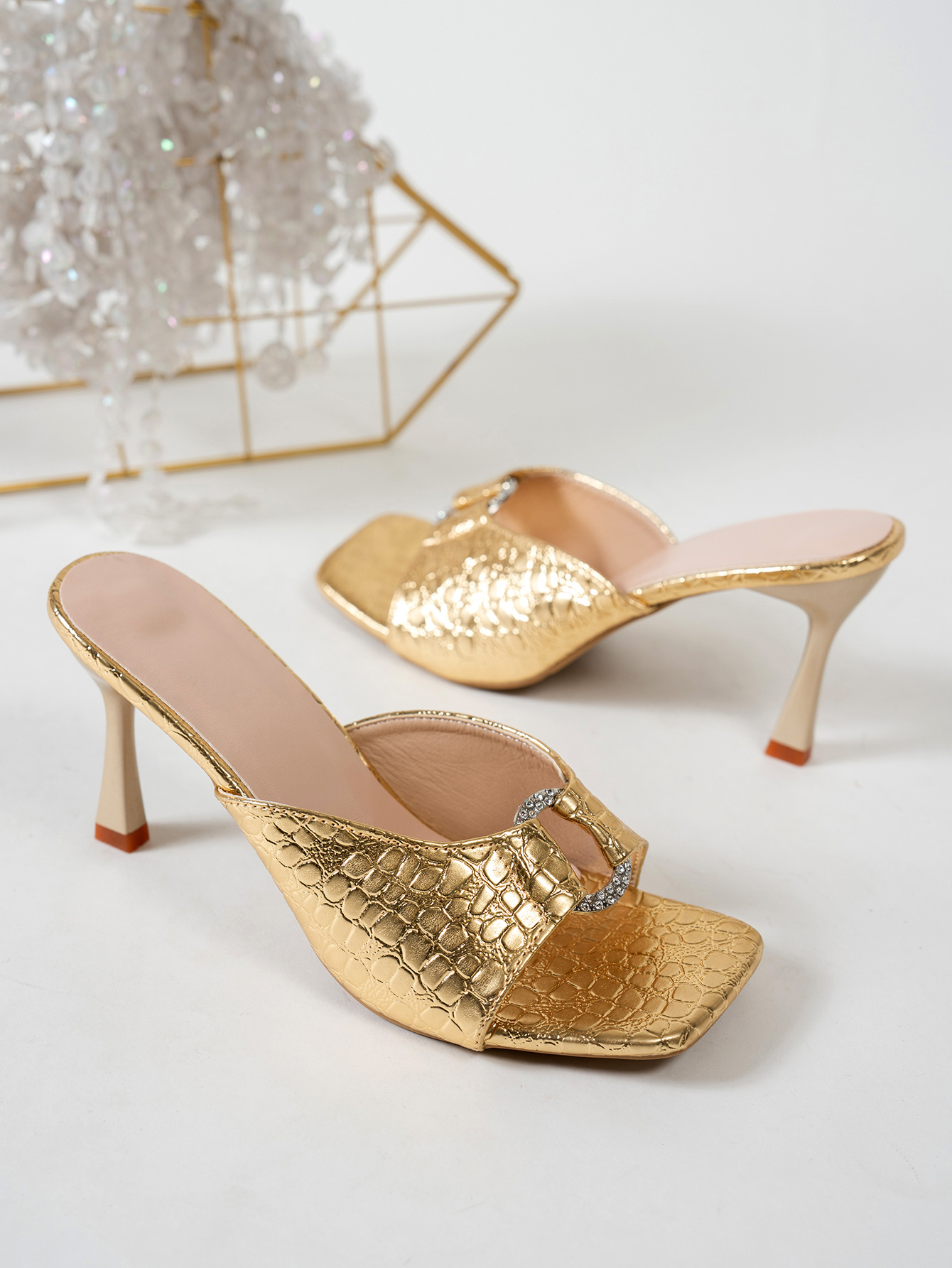 Stiletto Heeled Square Toe Rhinestone Sandals, Summer New Style Open Toe Plus Size High Heeled Sandals_vogvips.com