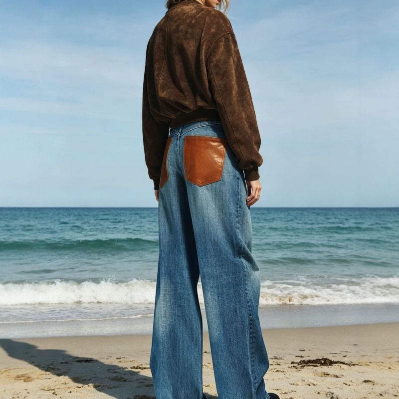 European and American Za Cross-Border Ra Foreign Trade Wholesale Leather Patchwork Washed Denim Pants for Women, Baggy Low-Waist Straight-Leg Jeans