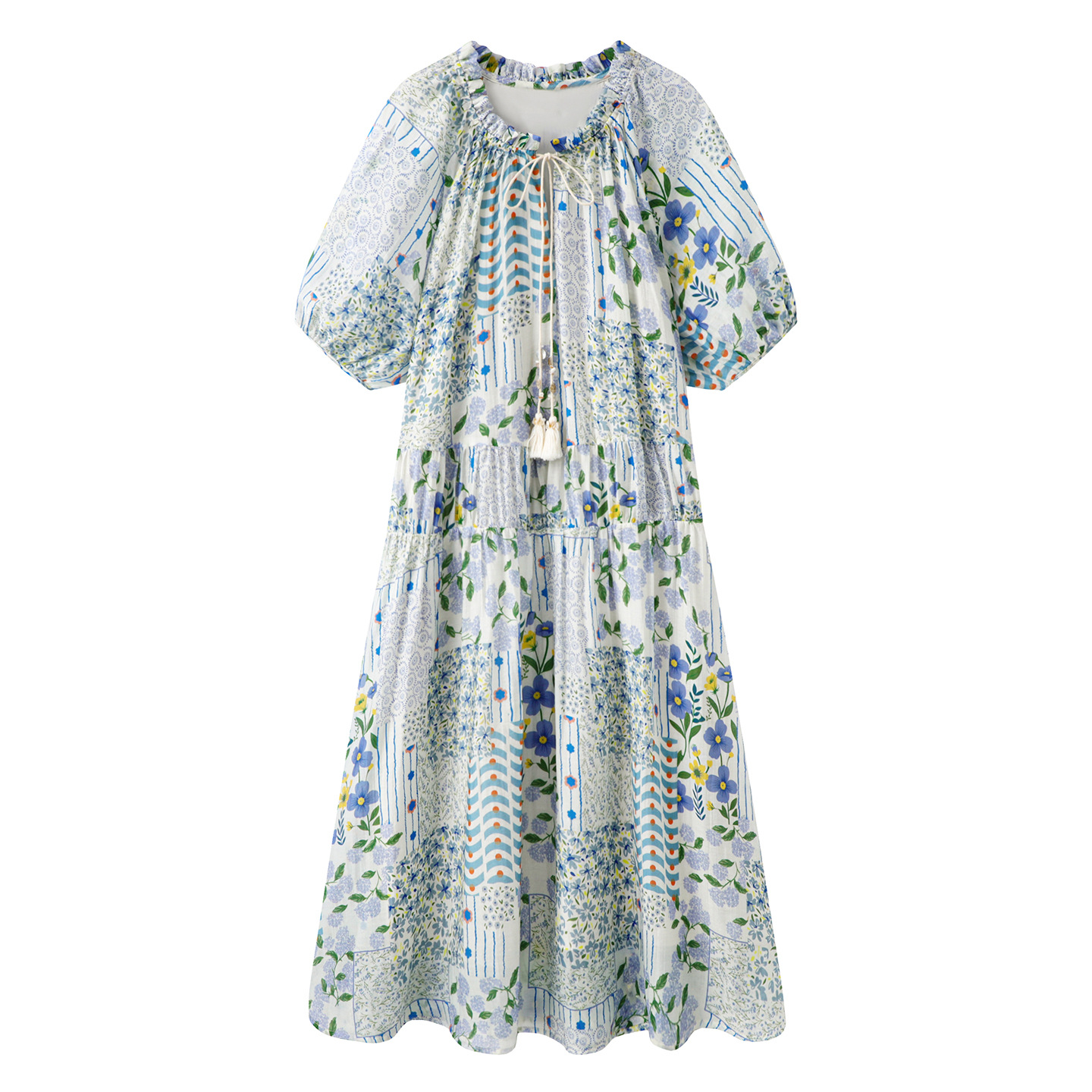 2025 새로운 여름 스타일 프렌치 디자인 루즈한 라운드 넥 타이 태슬 꽃무늬 리조트 스타일 비치 롱 스커트