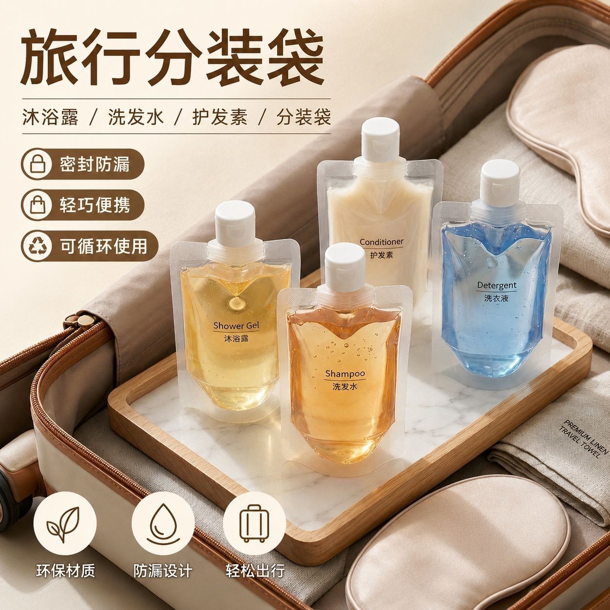 Travel refill bags, portable cosmetics, shampoo, lotion, shower gel, squeeze bottles for travel and airplane use