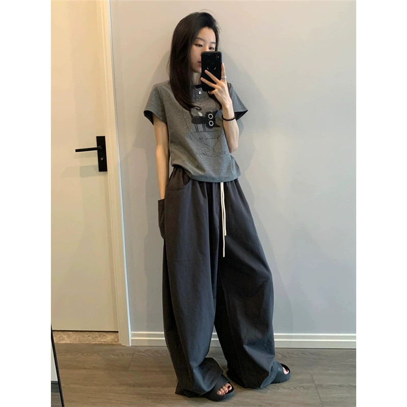 OK-3060 — ленивая и непринужденная футболка с короткими рукавами и широкими брюками с кошачьим принтом, женский костюм-двойка.