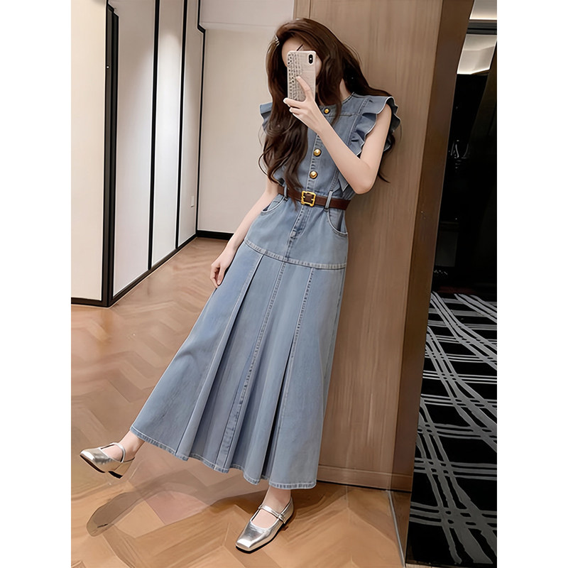 Hong Kong-Style Retro Elegant Waist-Cinching Ruffled Patchwork Denim Dress, Slimming Waist-Pleated Hip-Covering Long Skirt