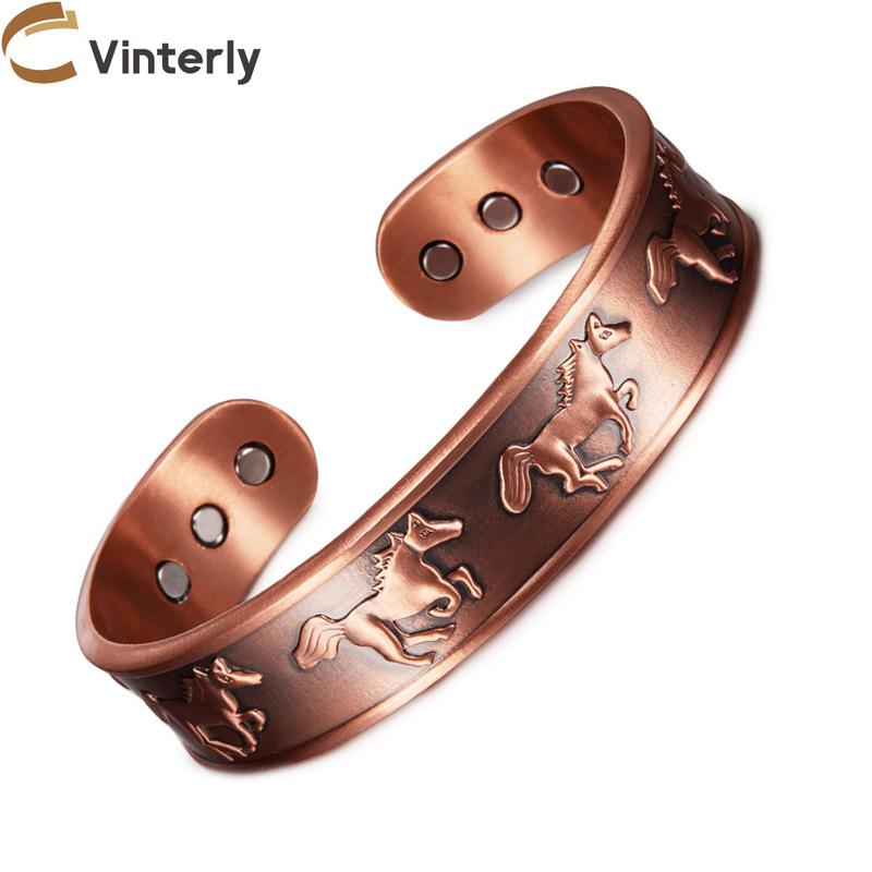 Pure Red Copper Bracelet with Galloping Horse Design, Magnetic Copper Bracelet for Men, Vintage Zodiac Horse, Adjustable 15mm Wide Wrist Accessory
