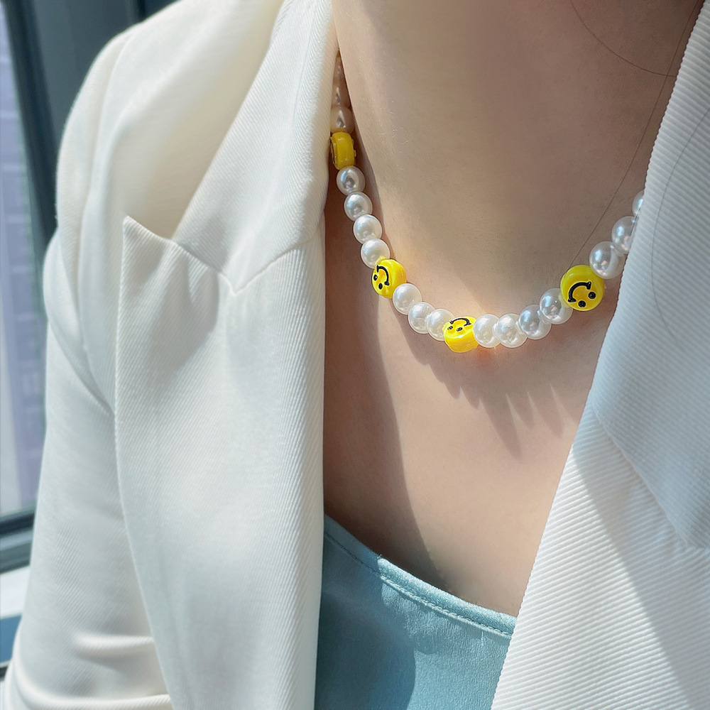 Cute Smiley Face Imitation Pearl Alloy Resin Beaded Womenu0027S Necklace