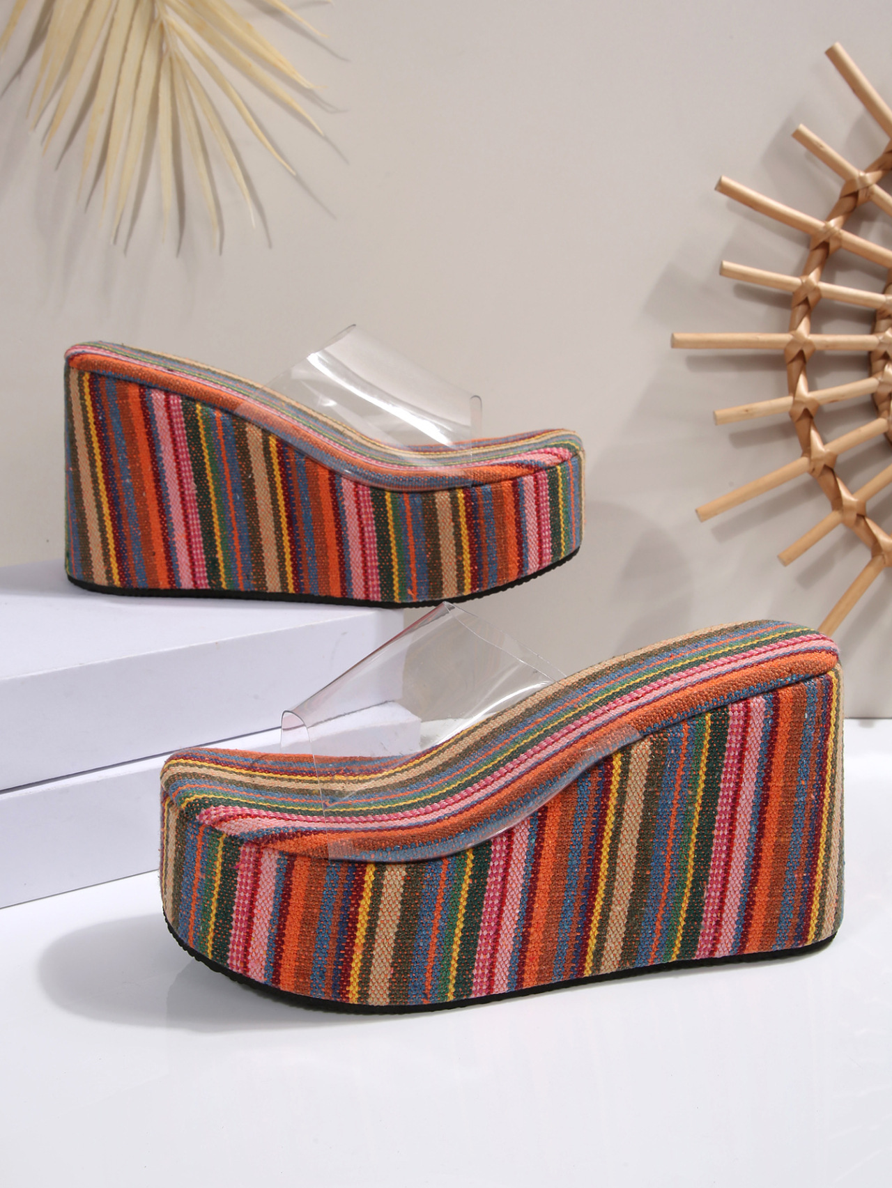 Women's Plus Size Striped Colorful Platform Sandals European American Style Transparent Wedge Summer New Style Size 43_vogvips.com