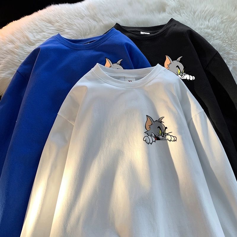 Spring and Autumn Long-Sleeved T-Shirts for Men and Women, Loose, Trendyy and Versatile Korean Style Cat and Mouse Printed Couple Bottoming Shirts Tops 12