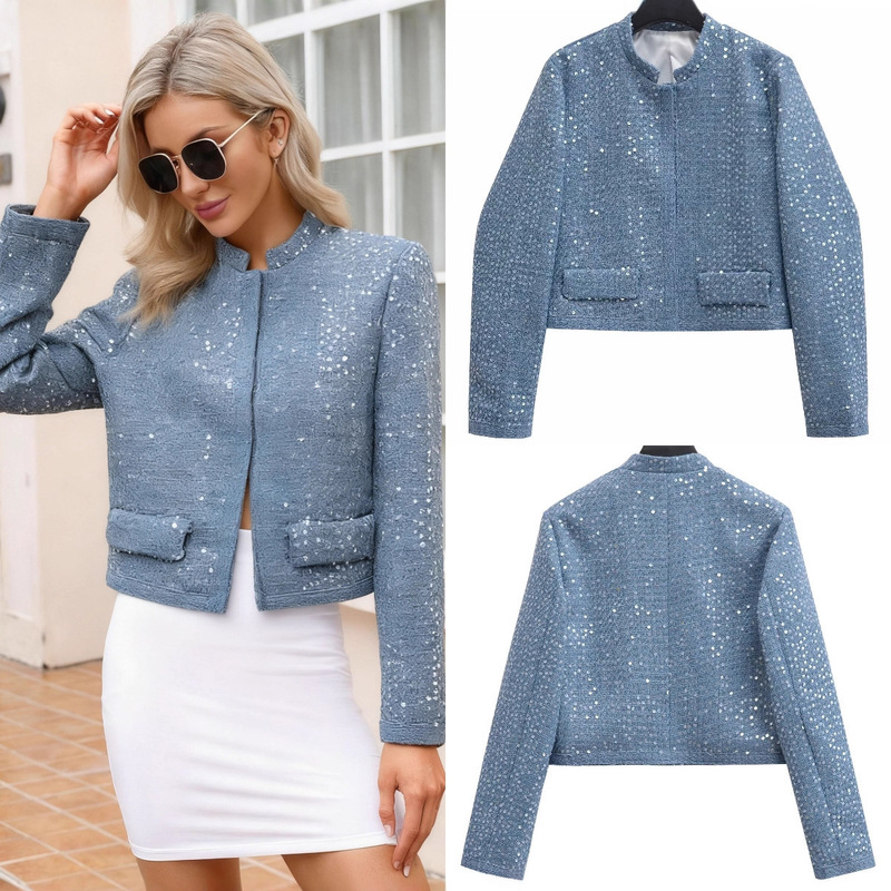 Za Export Cross-Border Spot Wholesale European and American Style Women's Autum Popular Fashion Sequined Women's Jackets Tops and Jackets