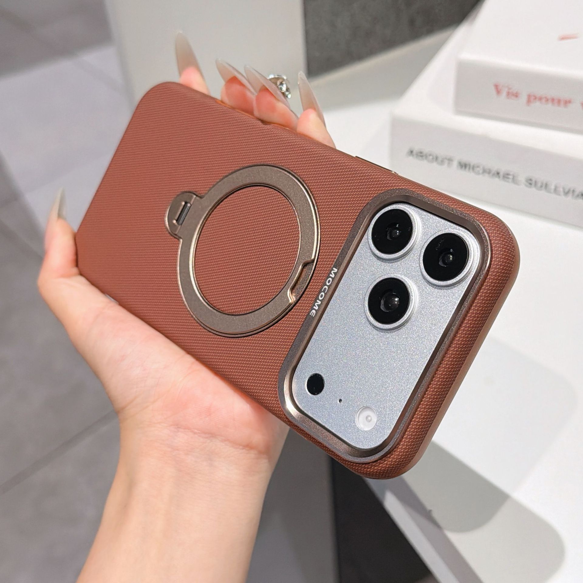 Ốp lưng da iPhone 16/17 Pro Max có vòng xoay 360 độ, nam châm hút, chống sốc viền dày — Đen, Nâu, Tím, Xanh dương chi tiết 25