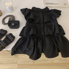 Korean children's summer dresses for girls, trendy and stylish, black, with a sense of fashion, small sleeve, fashionable children's clothing.