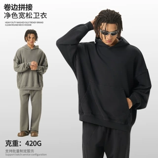 秋冬跨境爆款水洗420g重磅纯棉卫衣潮牌高级感美式复古连帽卫衣男