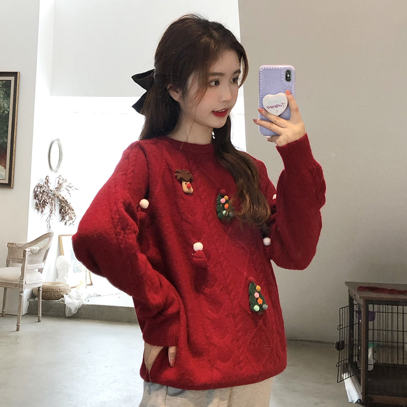 设计感小众韩版代购宽松外穿圣诞新年衣服红色毛衣女士秋冬2022年