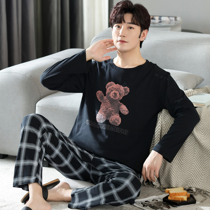 Pijamas de los hombres primavera y otoño fresco algodón manga larga delgada 2023 nuevo estilo coreano más tamaño simple juventud desgaste traje