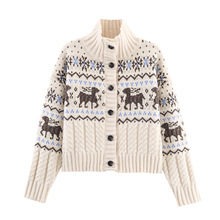 2025冬季新款韩国ins 复古花纹小高领圣诞小鹿图案针织毛衣外套