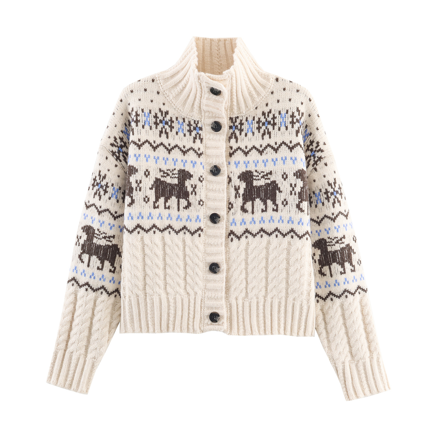 2025冬季新款韩国ins 复古花纹小高领圣诞小鹿图案针织毛衣外套