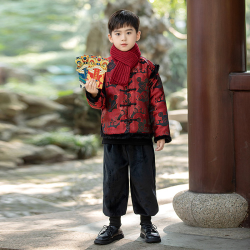 Children's New Year's greetings suit plus velvet Tang suit winter boy's Chinese style Hanfu two-piece set student costume performance suit with scarf