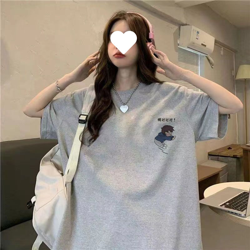Grey Printed Short-sleeved T-shirt Women's Design Sense Niche Summer 2025 New Loose Mid-length Outer Wear Clothes I
