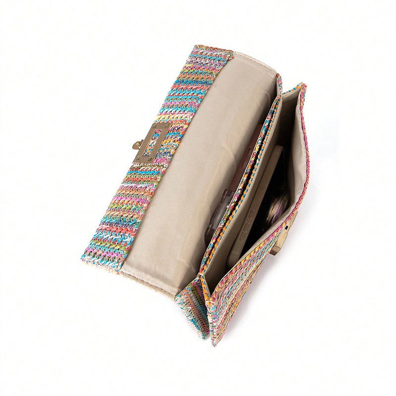 2025 New Vacation Style Multi-Compartment Chain Flap Twist Lock Straw Woven Shoulder Cross-Border Women's Bag_voghion.com