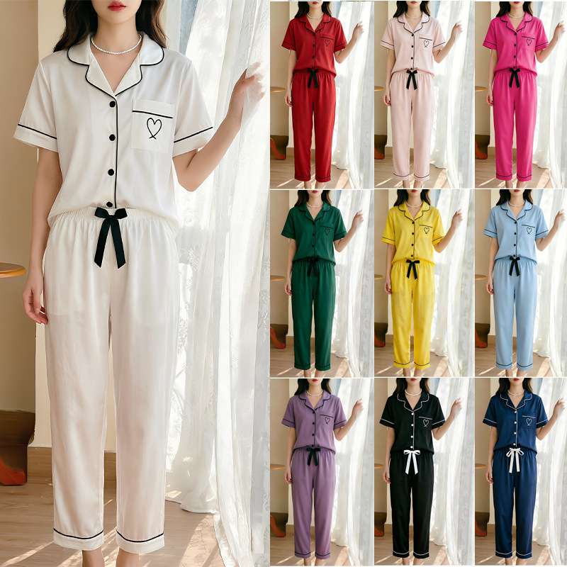 Amazon home wear set: collared cardigan, short-sleeved top, long pants, heart-embroidered pajamas for women, independent brand, casual style Amazon home wear set: collared cardigan, short-sleeved top, long pants, heart-embroidered pajamas for women, independent brand, casual style