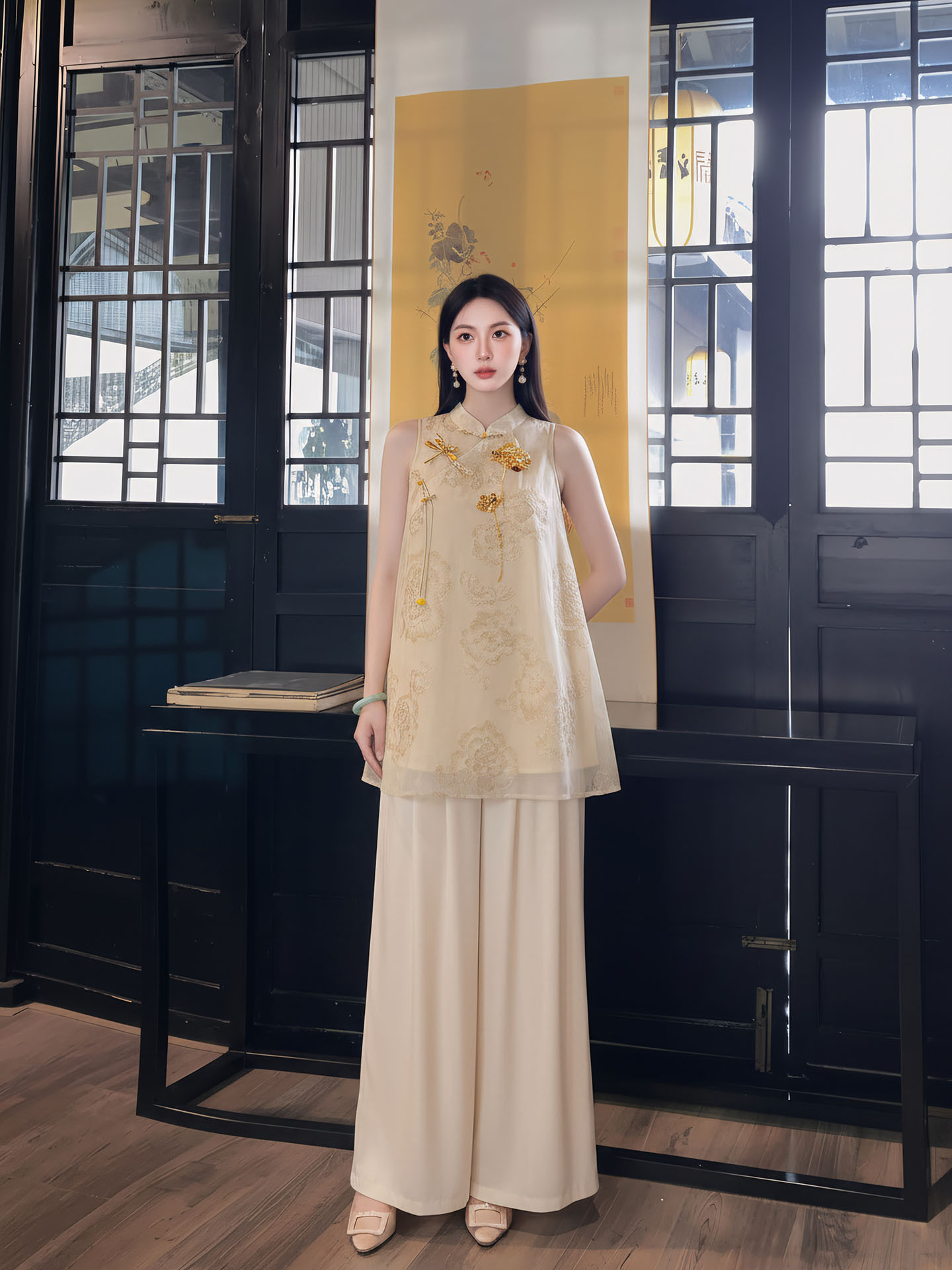 Đầm maxi nữ thắt eo thiết kế cổ điển họa tiết hoa nổi — Gừng